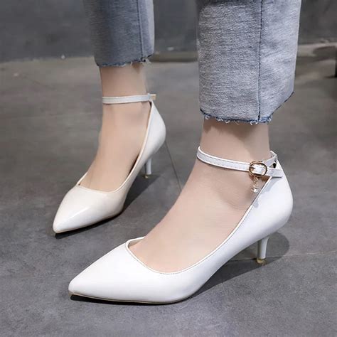 Women Wedding Shoes Ol Office Medium Heels Ankle Strap Pumps White ...