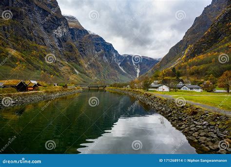 Great Mountains and Rivers at the Village of Gudvangen Fjordtell in the Autumn Season in Norway ...