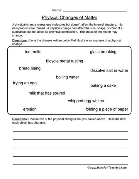 worksheet describing physical changes of matter