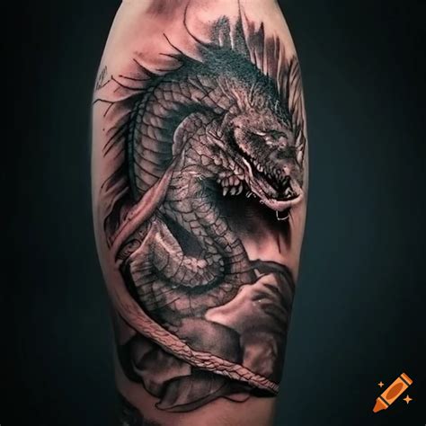 Realistic photo of a dragon tattoo on a man’s arm