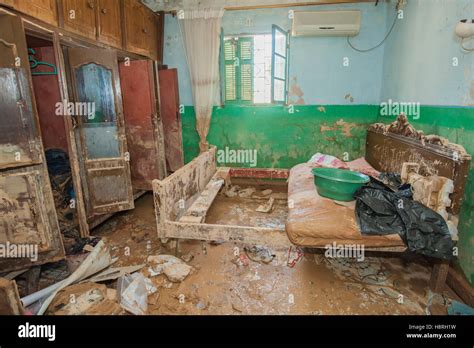 Interior of a poor African slum house showing devastation following a ...