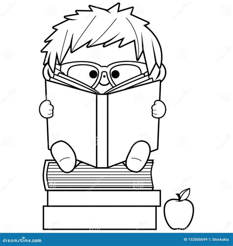 Little Boy Reading Books. Vector Black And White Coloring Page. | CartoonDealer.com #152000699