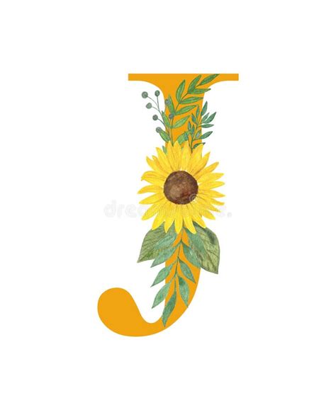 ABC, Letter J of Latin Alphabet Decorated with Sunflowers Leaves ...