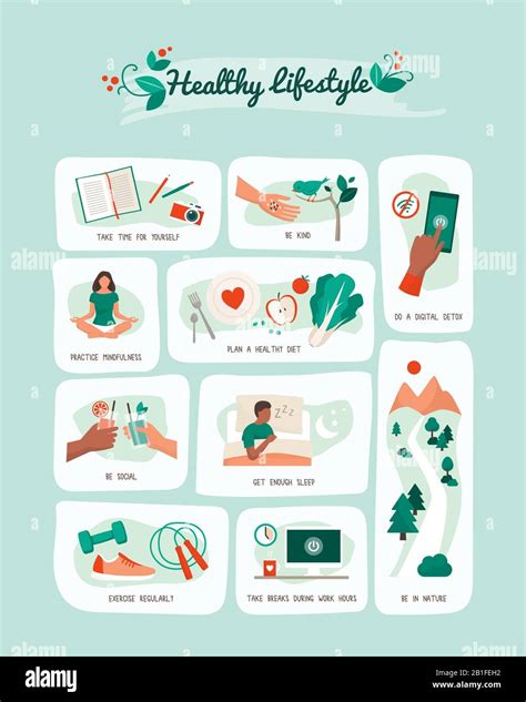 Healthy lifestyle and self care vector infographic with tips for a balanced healthy living Stock ...