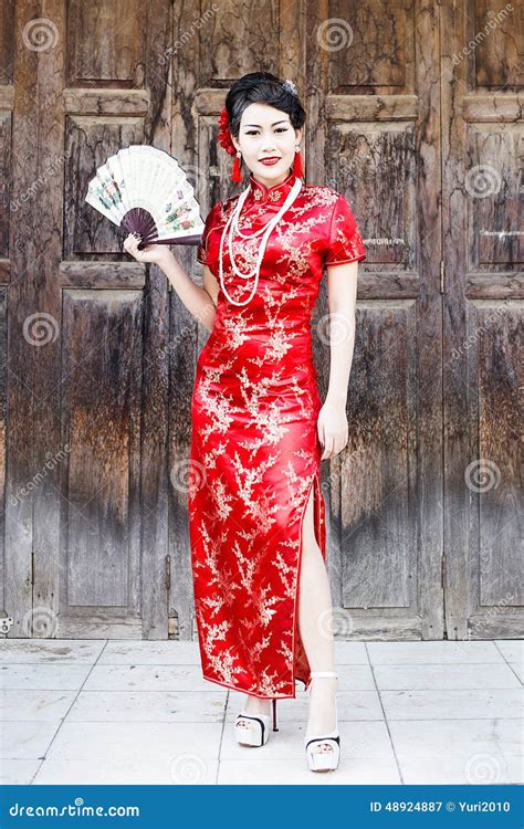 Chinese Woman Red Dress Traditional Cheongsam Stock Image - Image of ...