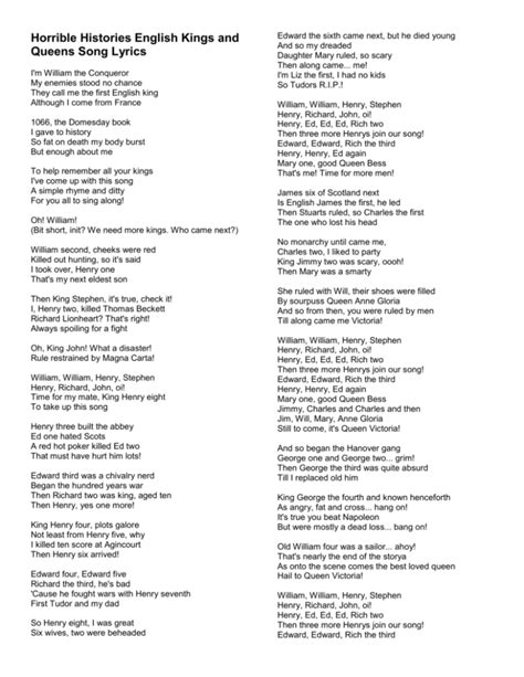 Horrible Histories English Kings and Queens Song Lyrics