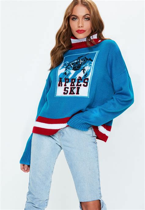 Blue High Neck Apres Ski Christmas Jumper | Apres ski style, Skiing ...