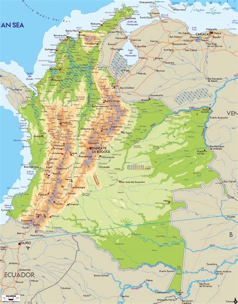 Detailed physical map of Colombia with roads, cities and airports ...