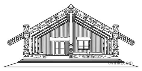 Maori Marae Black and White Illustration - Twinkl