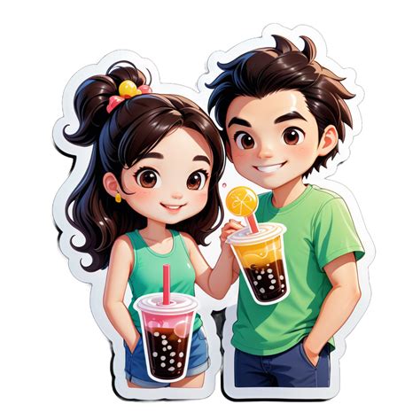 I made an AI sticker of One Chinese girl drinking bubble tea with Brazilian guy with a dark ...