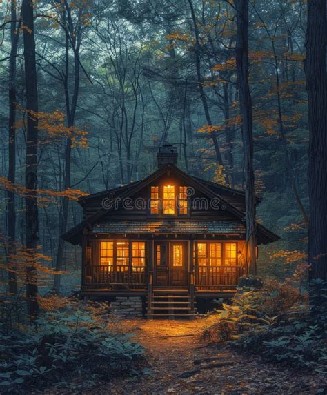 Wooden House in the Forest at Night Stock Photo - Image of green, trees ...