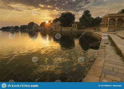 Nice Sunset at Gadisar Lake, Jaisalmer, Rajasthan, India. Setting Sun and Colorful Clouds in the ...