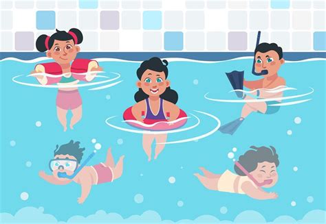 Swimming kids. Cartoon happy children in a pool, flat boys and girls s ...