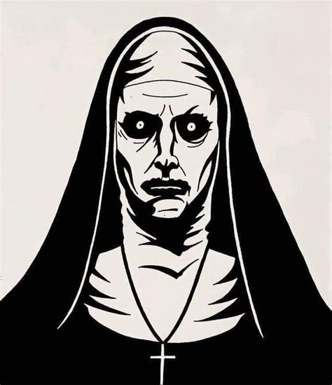 a black and white drawing of a nun with eyes wide open, wearing a hood