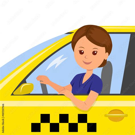 The girl behind the wheel of a taxi driver. Concept background banner for order a taxi. Cartoon ...