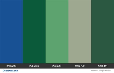 Peacock colors scheme. HEX colors #185295, #0b5a3a, #5da36f, #9ea790, #2a5841. Brand original ...