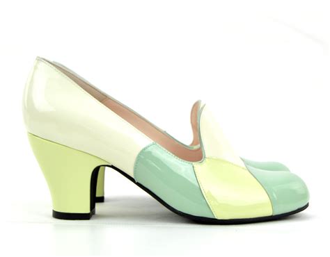 The Pattie In Cream & 2 Shades Of Light Green Patent Leather – 60s Style Ladies Shoes By ...