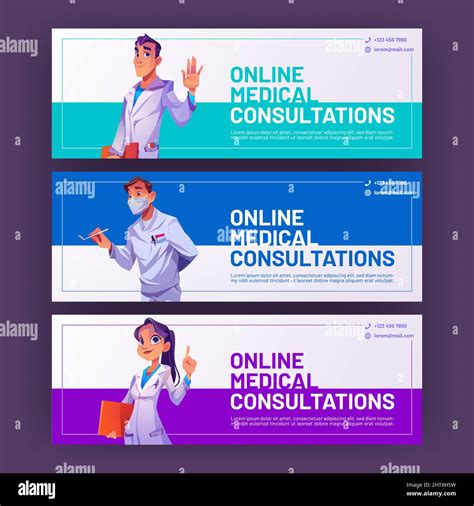 Online medical consultation cartoon ads banners, doctors greeting ...