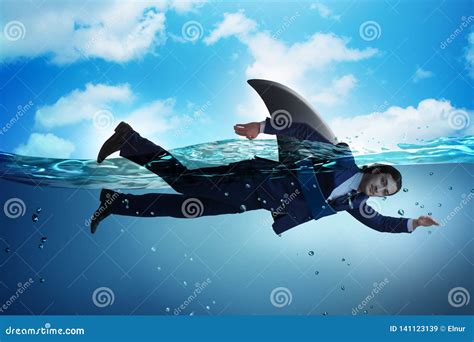 The Businessman with Shark Fin Swimming in Water Stock Image - Image of ...