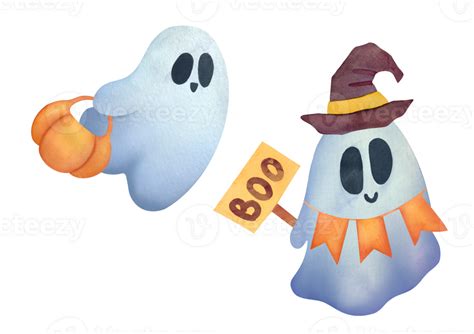 set of cute Ghost clipart on transparent background. Childish Watercolor hand drawn illustration ...