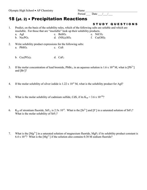 Precipitation Reaction Equations Worksheet