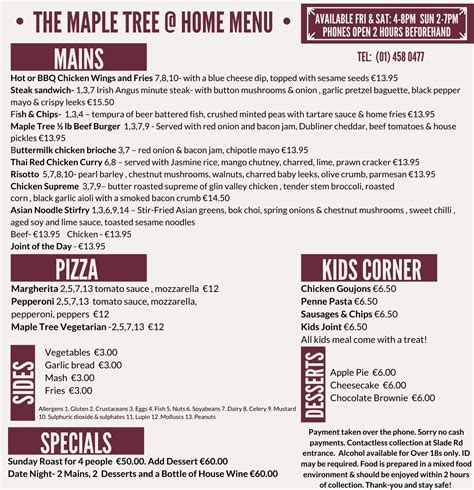 The Maple Tree @ Home. Call & Collect Menu - The Maple Tree Bar & Bistro