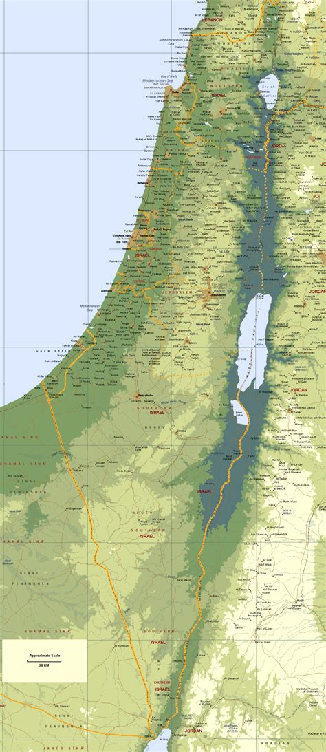 Grande mapa de elevación de Israel con carreteras y ciudades | Israel ...