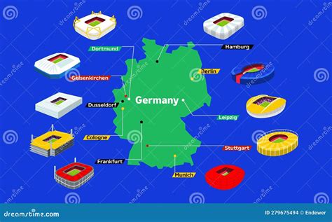 2024 Germany Football Stadium On Map. Set For Football Arenas. Soccer Stadiums Buildings. Vector ...