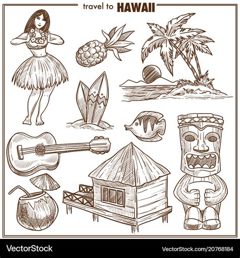 Hawaii travel famous symbols sketch Royalty Free Vector