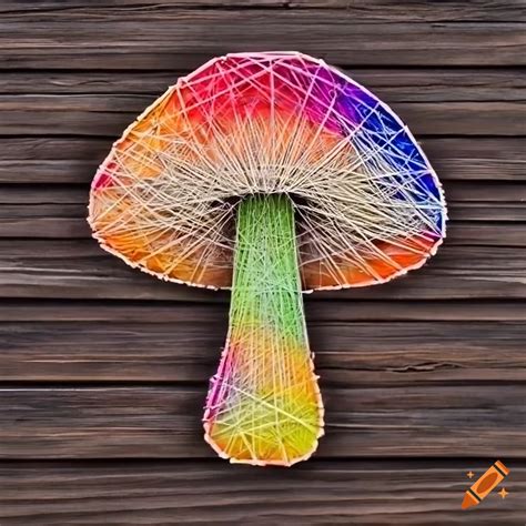 Colorful string art mushroom on wooden wall