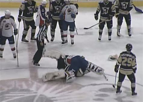 AHL Hockey Goalie Fight At Center Ice | Goalie, Hockey goalie, Hockey