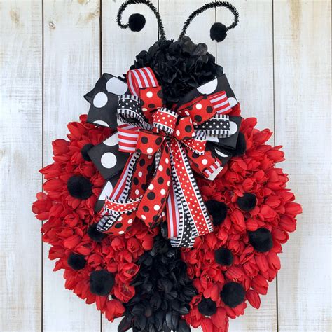 "LARGE Beautiful Red Tulip LADYBUG WELCOME WREATH for your front door. All season, any season ...