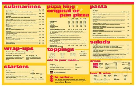 Pizza King menu in Jeffersonville, Indiana, USA