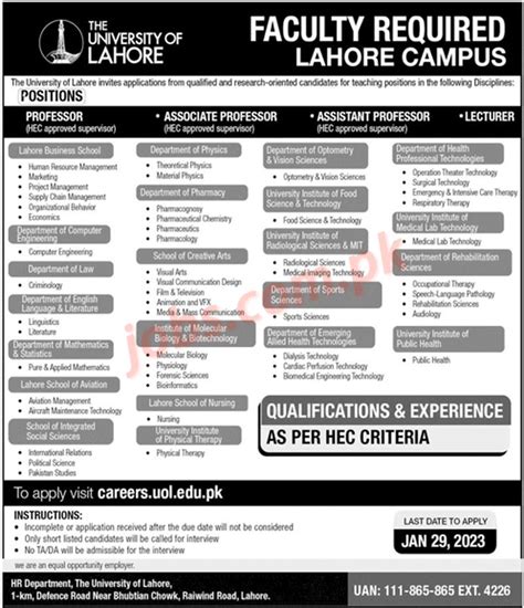 University of Lahore Jobs 2023 for Teaching Faculty (All Disciplines) on 16 January, 2023 ...