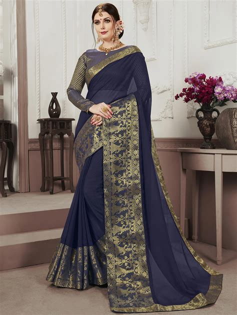 Navy Blue Chiffon Plain Saree with Weaving Border in 2020 | Chiffon saree, Designer blouses ...