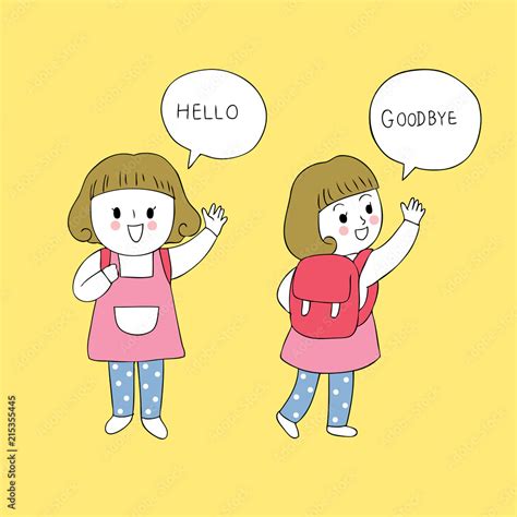 Cartoon cute student girl say Hello and Goodbye vector. Stock Vector | Adobe Stock