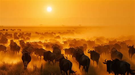Stunning Sunset over Elephant Herd in African Savanna - A Breathtaking Wildlife Photography Moment.