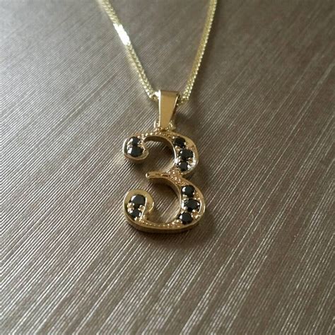 Number Three Gold Pendant With Black Diamonds, Gold Pendant, Three Pendant, Gold Number Charm ...