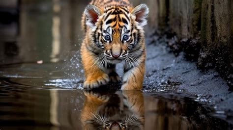 Premium AI Image | A tiger cub is swimming in a pool of water.