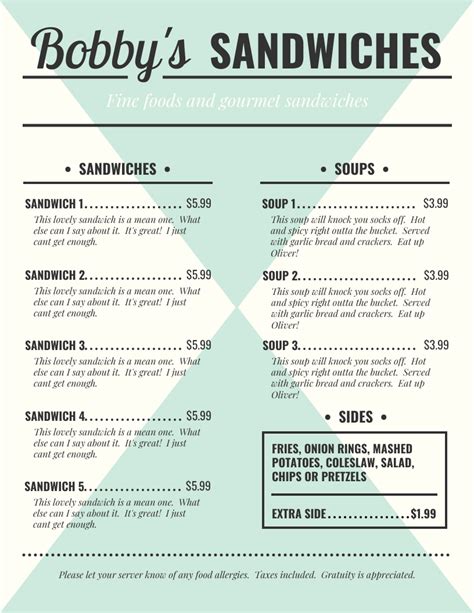 Sandwiches Menu - Venngage