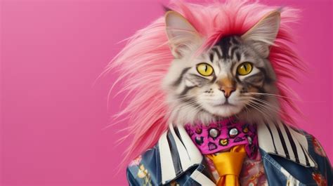 Premium AI Image | Colorful Cat With Pink Wig And Tie On Pink Background