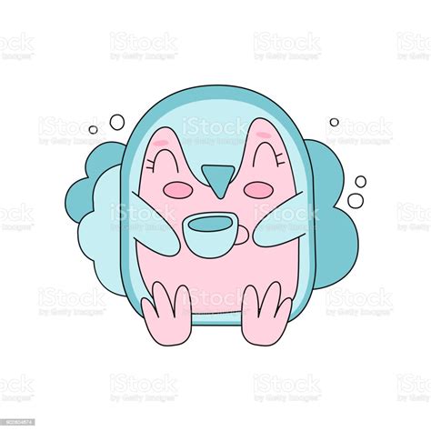 Cute Pink And Blue Penguin Sitting Against Fluffy Cloud Background Hand Drawing Style Flat ...