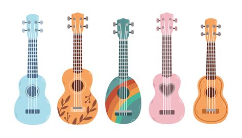 Set of ukulele in different colors and sizes. Popular music instrument. Vector illustration ...