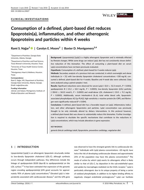 (PDF) Consumption of a Defined, Plant-Based Diet Reduces Lipoprotein(a), Inflammation, and Other ...