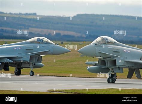 Nose to nose a pair of Eurofighter Typhoon FRG4s based at RAF Lossiemouth air station, Moray ...