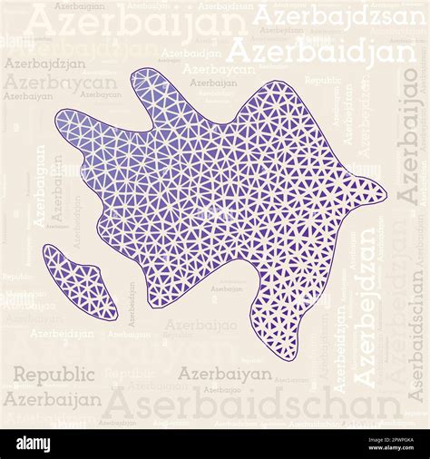 AZERBAIJAN map design. Country names in different languages and map shape with geometric low ...