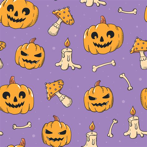 Halloween seamless pattern with hand drawn pumpkins, mushrooms and ...