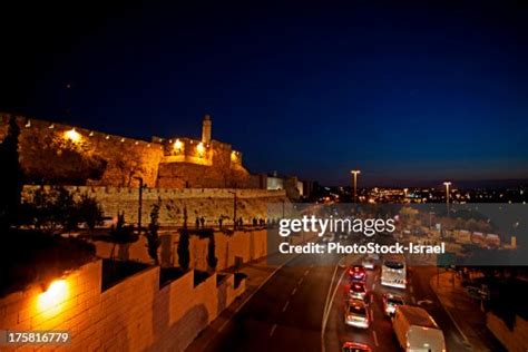 Jerusalem Old City The Illuminated Walls At Night Tower Of David In Centre Left Israel High-Res ...