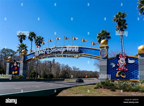 Orlando, Florida, USA - February 9, 2022: A Walt Disney World entrance arch gate in Orlando ...