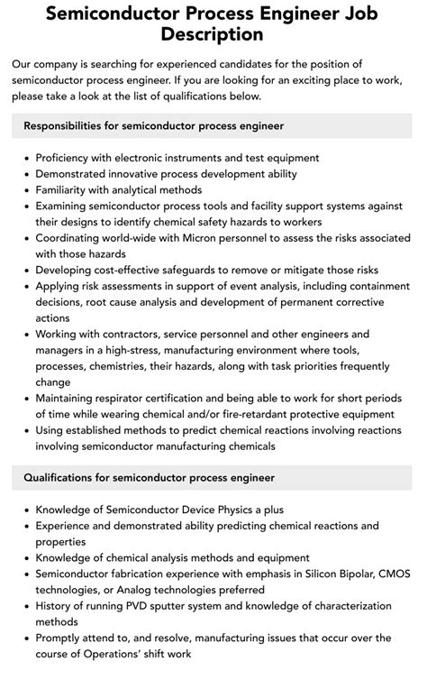 Semiconductor Process Engineer Job Description | Velvet Jobs